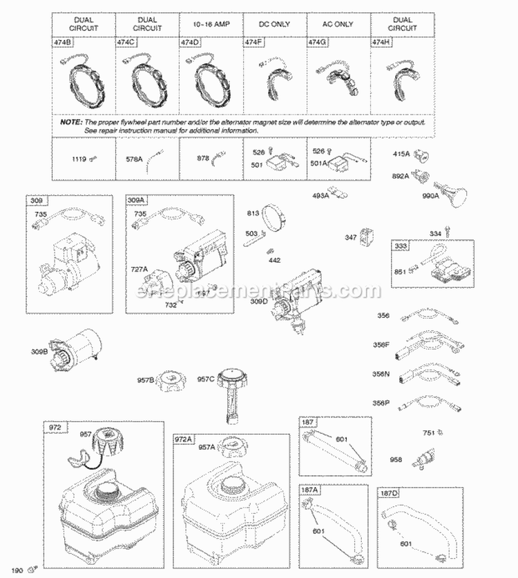 Alternator Electric Starter Fuel Supply Ignition Diagram and Parts List for 20M314-3021-F1  Briggs and Stratton Engine